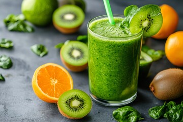 Fototapeta premium Green smoothie with kiwi, orange, and spinach for detox