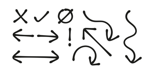 Set of Hand-Drawn Arrows, Checkmarks, and Sketch Design Elements on White Background