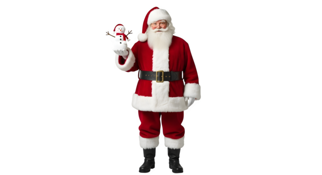 Santa claus holding a small snowman isolated on transparent background