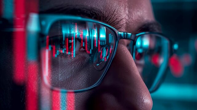 Focused analyst watching digital trading charts reflected in glasses with vivid blue and red market indicators creating an intense financial scene