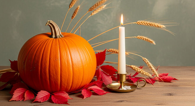 Close-up of orange pumpkin, white candle in brass holder, wheat ears, red leaf on wooden surface; a symbol of autumn harvest and celebration - Powered by Adobe