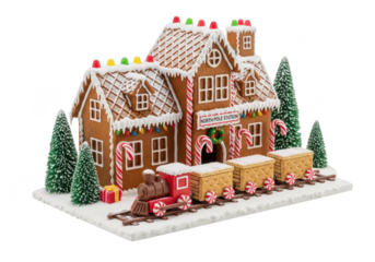 A festive gingerbread house with a train, adorned with colorful candies and icing, a delightful holiday centerpiece for christmas celebrations isolated on a transparent background