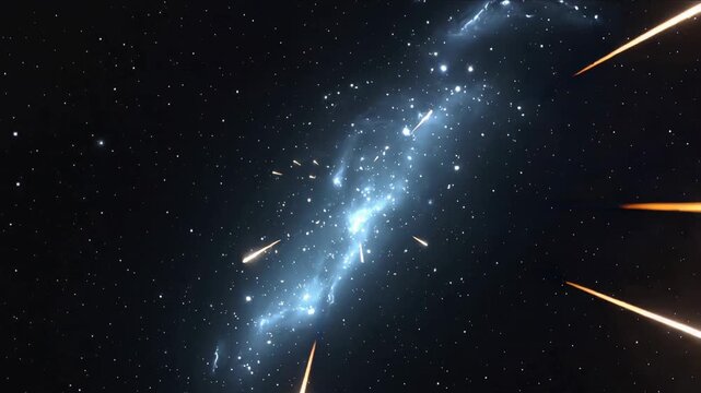 Streaking comets and yellow star moving towards the camera during lightspeed space travel, dark void space background with white cosmic nebula
