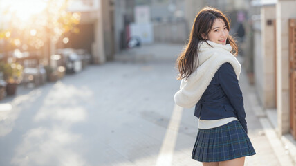 Happy Korean student in winter uniform and white fur shawl smiles back while walking to school on quiet, peaceful morning street