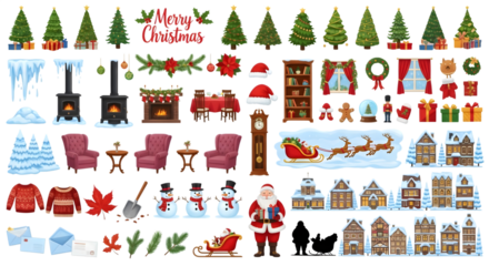 Collection of christmas elements including trees, fireplaces, snowmen, santa claus, houses, and gifts, isolated on transparent background