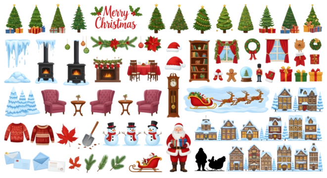 Collection of christmas elements including trees, fireplaces, snowmen, santa claus, houses, and gifts, isolated on transparent background