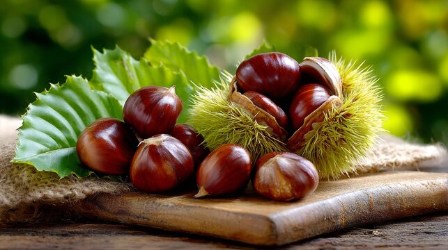 Chestnuts in burrs and leaves on wooden background