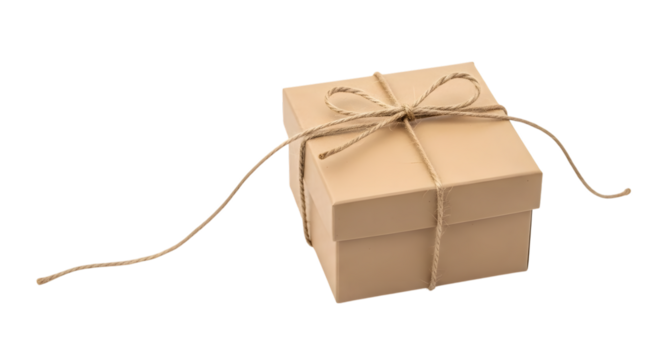 A single brown cardboard gift box tied with twine, isolated on transparent background - Powered by Adobe