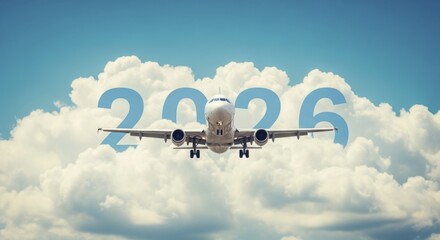  Modern Passenger Jet Airplane Soaring Past Year 2026 in Cloudy Sky