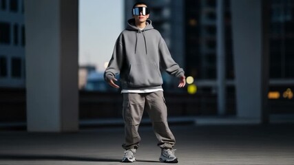 Stylish young man with futuristic visor confidently showcasing urban streetwear fashion, embodying modern city lifestyle with confident attitude and cool vibe