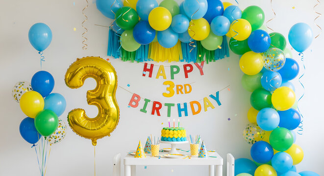 Happy 3rd Birthday Party Decoration with Balloons and Cake