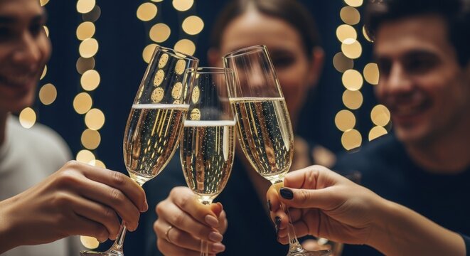 Group of friends toasting sparkling wine with champagne flutes at a festive celebration with bokeh lights - Powered by Adobe