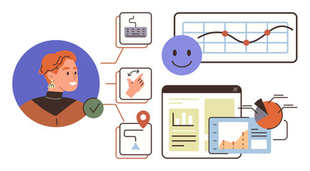 Person connected to charts, analytics, and task icons including keyboard, pointer, and map pin. Ideal for data visualization, UIUX design, technology, teamwork decision making productivity simple