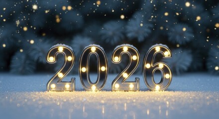 Marquee 2026 numbers glowing on crisp snow with golden bokeh against a dark winter forest background