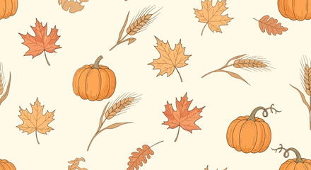 Autumn Harvest Seamless Pattern with Pumpkins Wheat and Fall Leaves american football