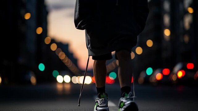 Trendy urban athlete walking city street after sunset workout, cool sneakers, modern hoodie, fitness lifestyle, downtown energy, vibrant city lights