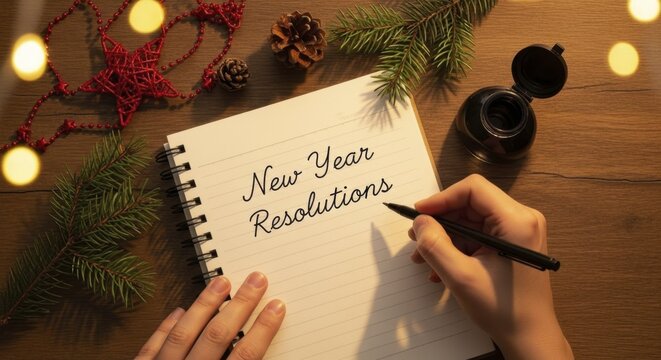 New Year resolutions being written in spiral notebook amidst festive winter decorations and warm lights
