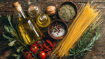Fototapeta premium Aromatic Ingredients and Fresh Produce: A Culinary Display of Olive Oil, Spices, and Herbs Alongside Pasta and Vegetables on a Rustic Wooden Surface