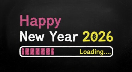 Happy New Year 2026 chalk text on a blackboard with a loading progress bar signifying a fresh start