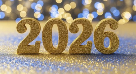 Shimmering Golden Glitter 2026 Numbers on Sparkling Blue Gold Surface with Festive Bokeh Lights