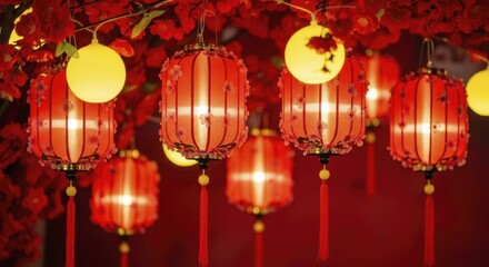 Traditional red festive lanterns and glowing yellow lights with cherry blossom decorations for Asian New Year