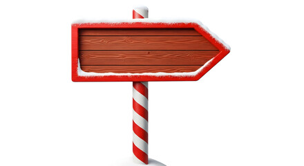 A festive wooden arrow signpost covered in snow, with a red and white striped pole, isolated on transparent background