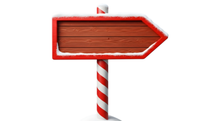 A festive wooden arrow signpost covered in snow, with a red and white striped pole, isolated on transparent background