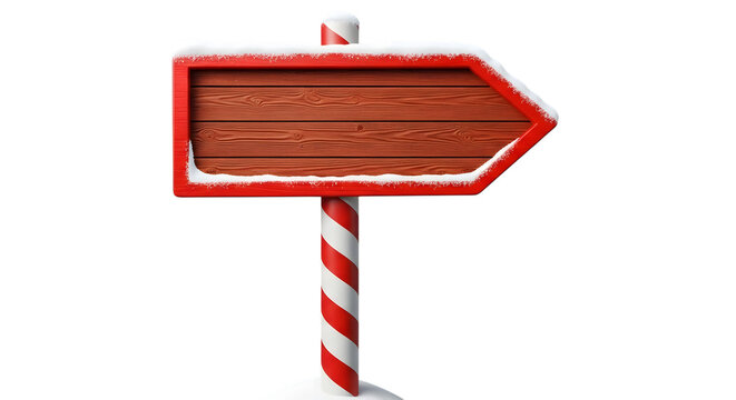 A festive wooden arrow signpost covered in snow, with a red and white striped pole, isolated on transparent background