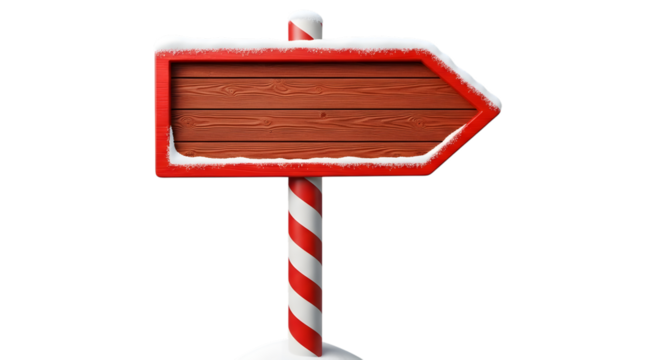 A festive wooden arrow signpost covered in snow, with a red and white striped pole, isolated on transparent background