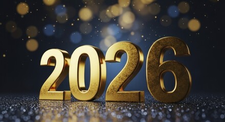  Golden 2026 year numbers standing on a sparkling dark surface with festive bokeh lights