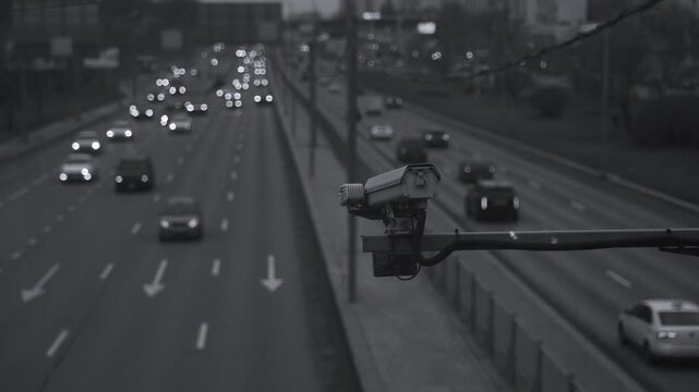 Surveillance camera in focus with slow-motion traffic behind