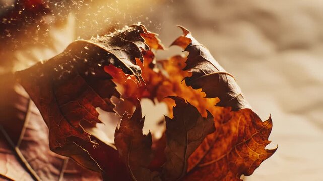 Close-Up View of Dry Leaves With Golden Light and Dust Specks