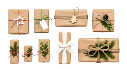 A collection of neatly wrapped gifts in brown kraft paper and twine, adorned with natural elements like pine sprigs and pinecones, isolated on white isolated on transparent background