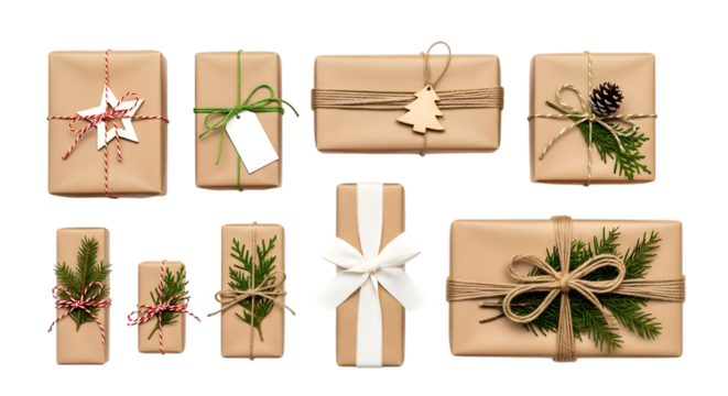 A collection of neatly wrapped gifts in brown kraft paper and twine, adorned with natural elements like pine sprigs and pinecones, isolated on white isolated on transparent background