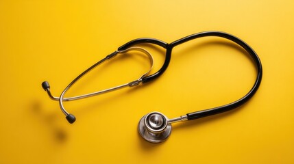 Stethoscope resting diagonally on a flat, solid, vibrant yellow background