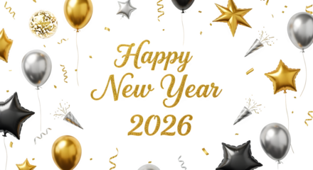 Happy new year 2026 celebration with golden and silver balloons stars confetti isolated on transparent background