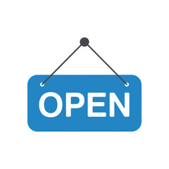 Open sign hanging on shop door indicating business is welcoming customers with vector illustration in minimal clean design of graphic