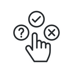 Choices concept with hand pointing at question answer and cross symbols vector isolated object on background exactly 120 characters