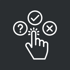 Choices concept with hand pointing at question answer and cross symbols vector isolated object on background exactly 120 characters