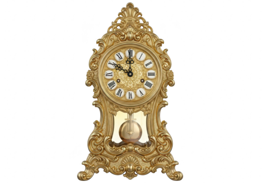Ornate gold mantel clock, a vintage timepiece with intricate details, perfect for adding a touch of elegance to any home decor or collection isolated on transparent background