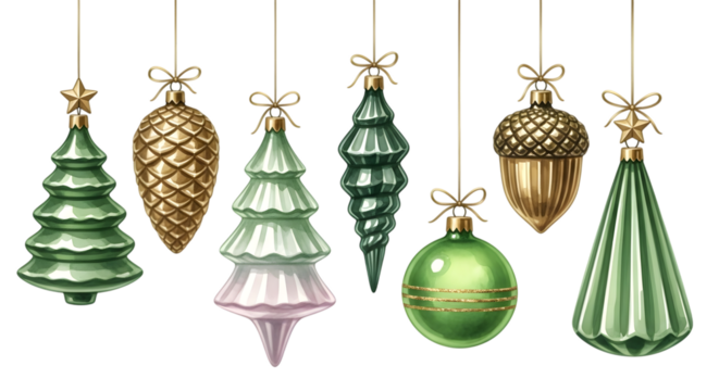 Collection of assorted vintage christmas ornaments including pinecone, acorn, and tree shapes, isolated on transparent background - Powered by Adobe