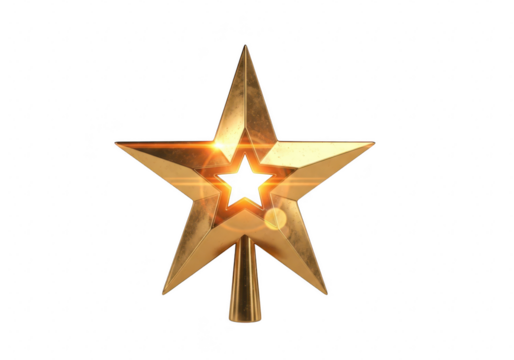 A golden star christmas tree topper, a festive and bright decoration to adorn the top of your christmas tree during the holiday season isolated on transparent background