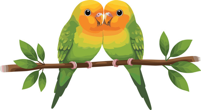 Cartoon parrots touching beaks on leafy branch, vector illustration for tropical wildlife, love symbolism, and nature companionship concept