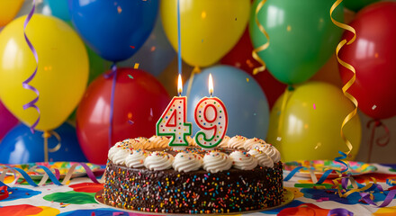 49th Birthday Cake with Balloons and Sprinkles