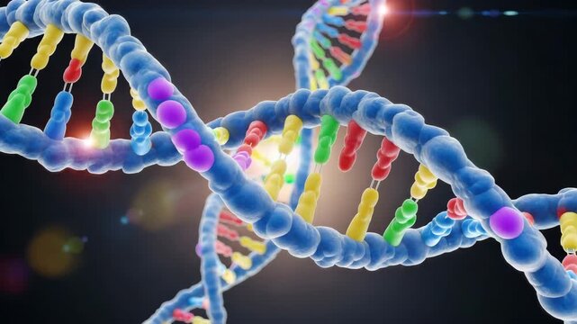 Detailed 3d render of a dna molecule structure with colorful nucleotides