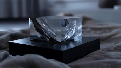 The camera slowly rotates inside a glowing crystal tunnel with a bright light at the center, then the scene transitions smoothly to a close-up of a transparent cube - Powered by Adobe