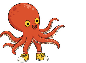 Cartoon red octopus wearing yellow sneakers, vector illustration for playful marine character, children’s content, and whimsical ocean concept