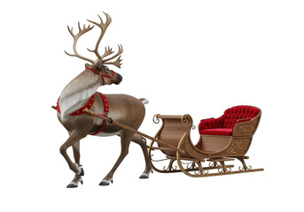 A majestic reindeer pulling a luxurious sleigh, ready to deliver holiday cheer and magical adventures on a snowy christmas eve isolated on transparent background