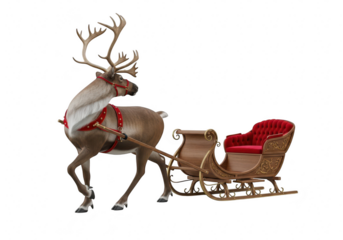 A majestic reindeer pulling a luxurious sleigh, ready to deliver holiday cheer and magical adventures on a snowy christmas eve isolated on transparent background