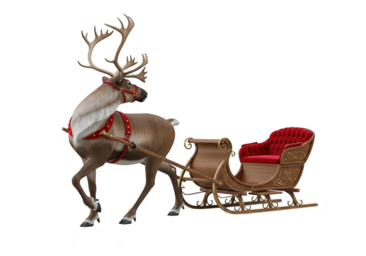 A majestic reindeer pulling a luxurious sleigh, ready to deliver holiday cheer and magical adventures on a snowy christmas eve isolated on transparent background